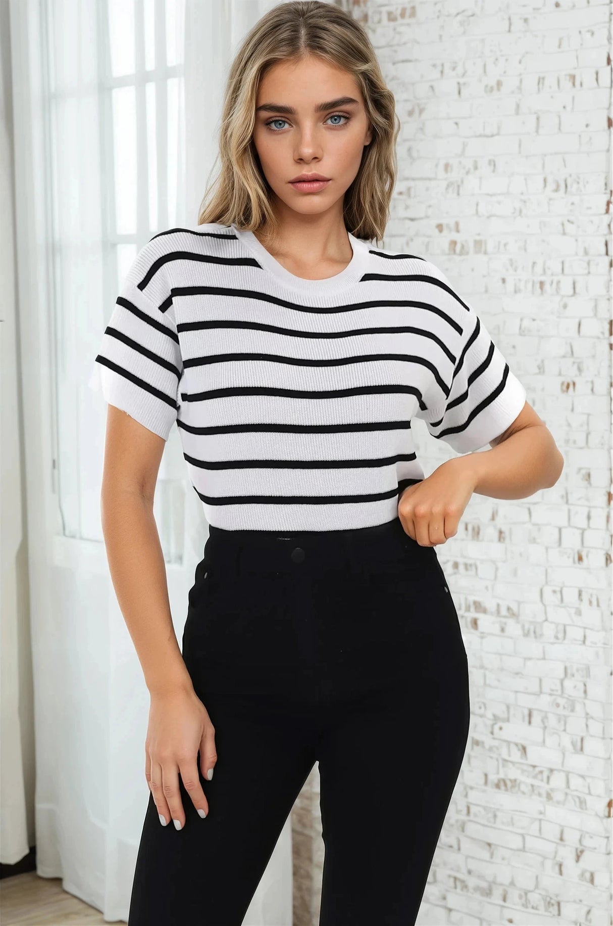 Alden Knit Top: Relaxed Striped Crew Neck Top in White