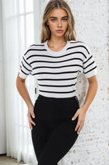 Alden Knit Top: Relaxed Striped Crew Neck Top in White