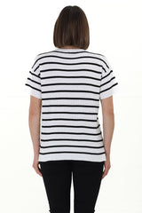 Alden Knit Top: Relaxed Striped Crew Neck Top in White