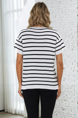 Alden Knit Top: Relaxed Striped Crew Neck Top in White