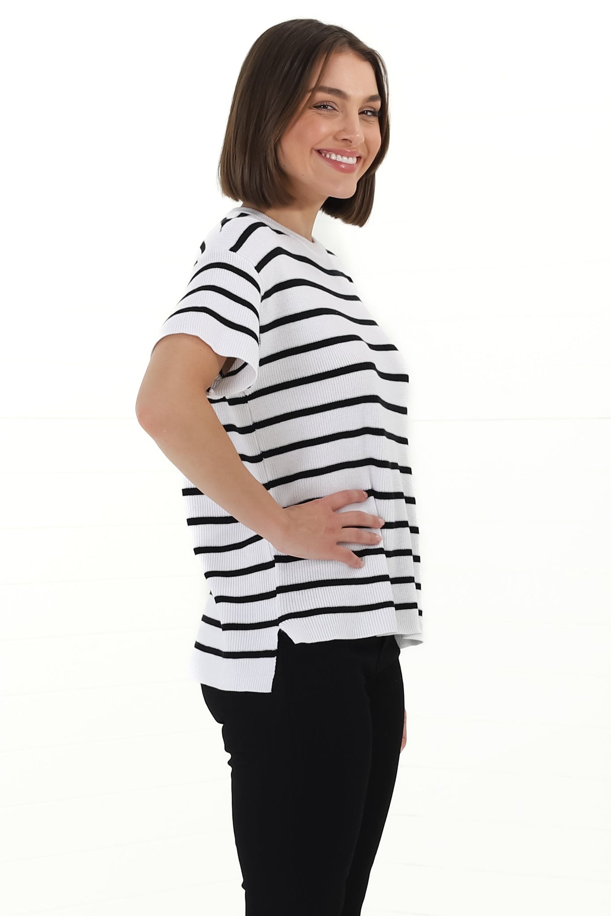 Alden Knit Top: Relaxed Striped Crew Neck Top in White