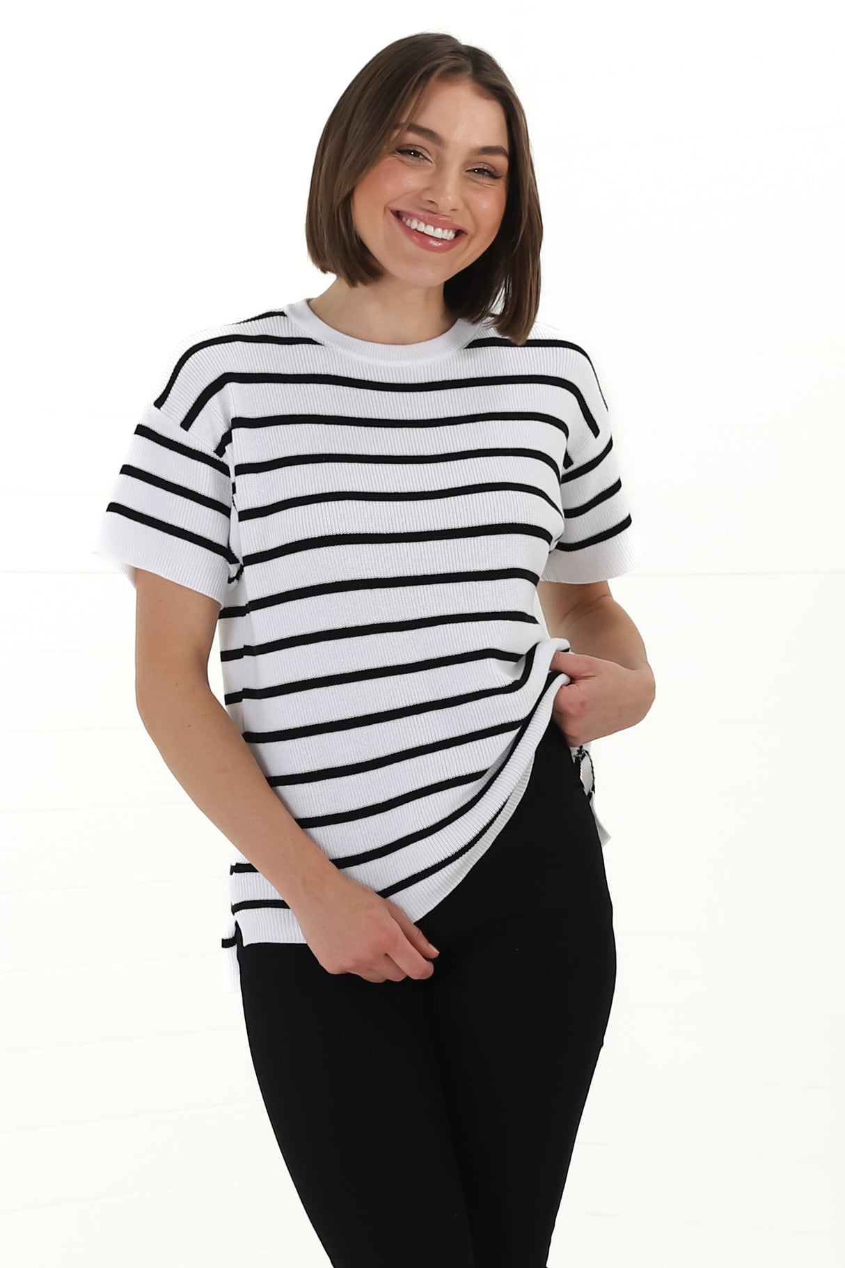 Alden Knit Top: Relaxed Striped Crew Neck Top in White