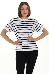 Alden Knit Top: Relaxed Striped Crew Neck Top in White