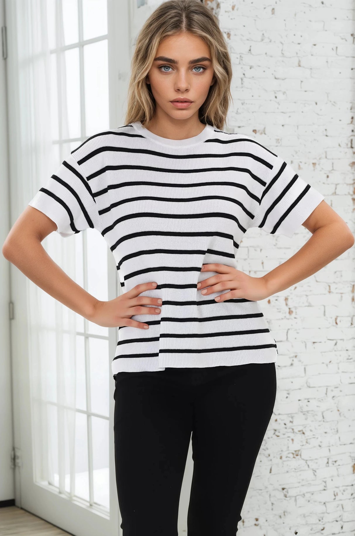 Alden Knit Top: Relaxed Striped Crew Neck Top in White