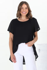 Alek Blouse - Plisse Cap Sleeve Top with High-Low Hemline in Black