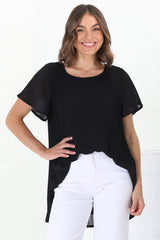 Alek Blouse - Plisse Cap Sleeve Top with High-Low Hemline in Black