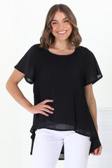 Alek Blouse - Plisse Cap Sleeve Top with High-Low Hemline in Black