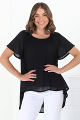 Alek Blouse - Plisse Cap Sleeve Top with High-Low Hemline in Black