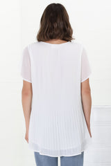 Alek Blouse - Plisse Cap Sleeve Top with High-Low Hemline in White