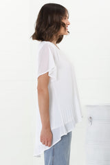 Alek Blouse - Plisse Cap Sleeve Top with High-Low Hemline in White