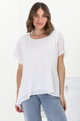 Alek Blouse - Plisse Cap Sleeve Top with High-Low Hemline in White