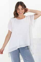 Alek Blouse - Plisse Cap Sleeve Top with High-Low Hemline in White