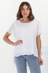 Alek Blouse - Plisse Cap Sleeve Top with High-Low Hemline in White