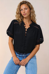 Alenna Shirt - Mandarin Collar Cut Out Detailed Short Sleeve Button Down in Black
