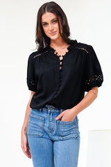 Alenna Shirt - Mandarin Collar Cut Out Detailed Short Sleeve Button Down in Black