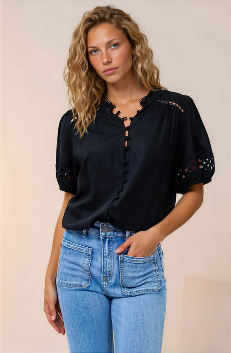 Alenna Shirt - Mandarin Collar Cut Out Detailed Short Sleeve Button Down in Black