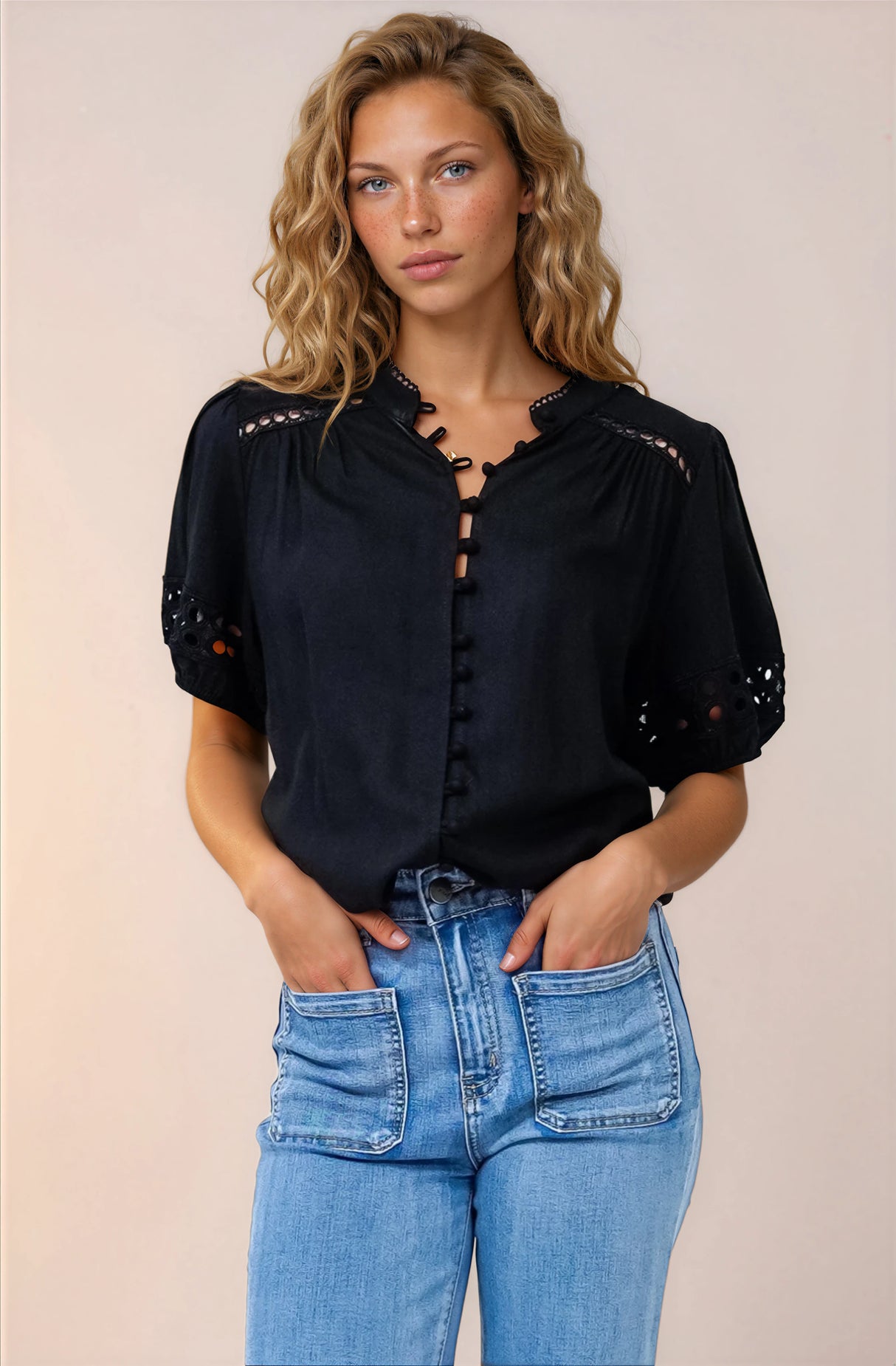 Alenna Shirt - Mandarin Collar Cut Out Detailed Short Sleeve Button Down in Black