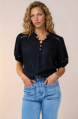 Alenna Shirt - Mandarin Collar Cut Out Detailed Short Sleeve Button Down in Black