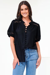 Alenna Shirt - Mandarin Collar Cut Out Detailed Short Sleeve Button Down in Black
