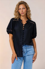 Alenna Shirt - Mandarin Collar Cut Out Detailed Short Sleeve Button Down in Black
