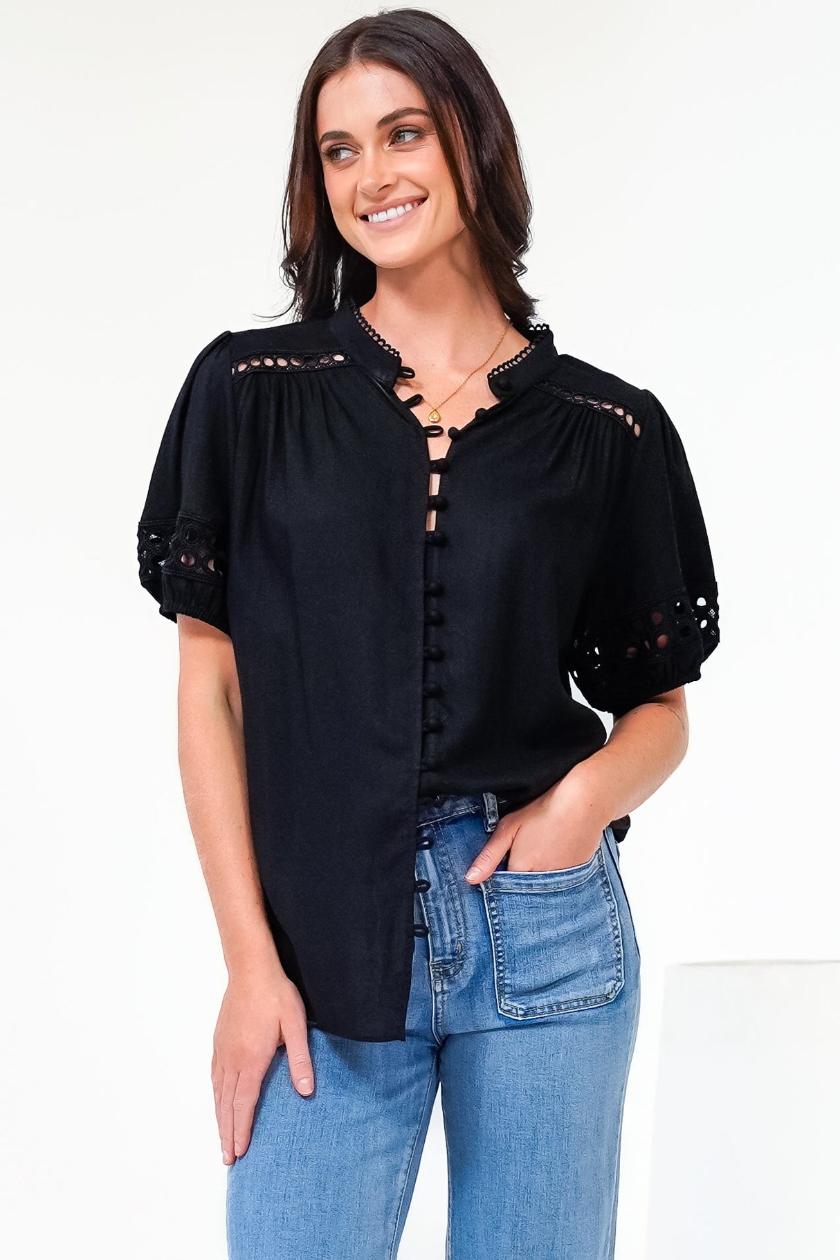 Alenna Shirt - Mandarin Collar Cut Out Detailed Short Sleeve Button Down in Black