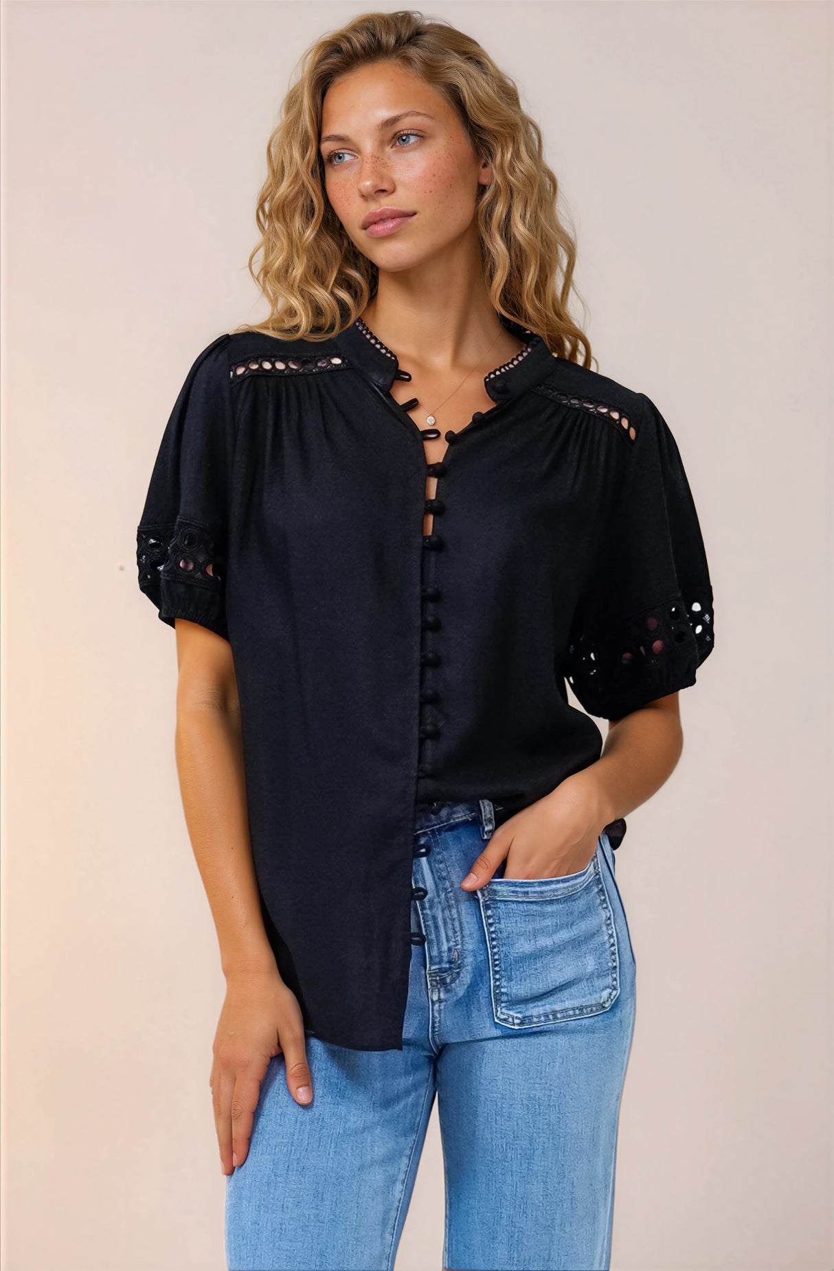 Alenna Shirt - Mandarin Collar Cut Out Detailed Short Sleeve Button Down in Black