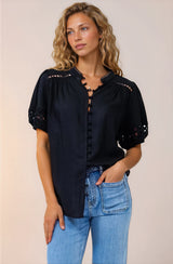 Alenna Shirt - Mandarin Collar Cut Out Detailed Short Sleeve Button Down in Black