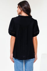 Alenna Shirt - Mandarin Collar Cut Out Detailed Short Sleeve Button Down in Black