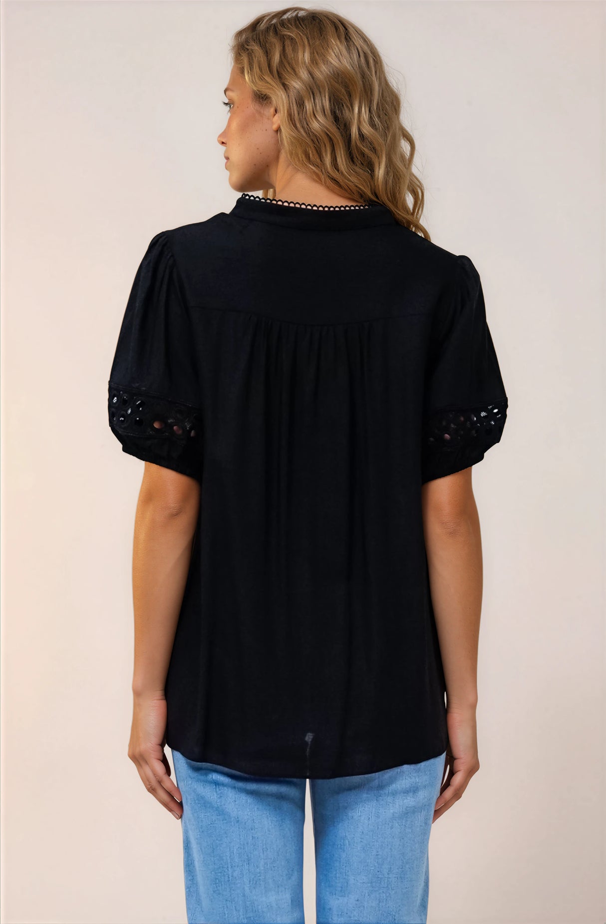 Alenna Shirt - Mandarin Collar Cut Out Detailed Short Sleeve Button Down in Black
