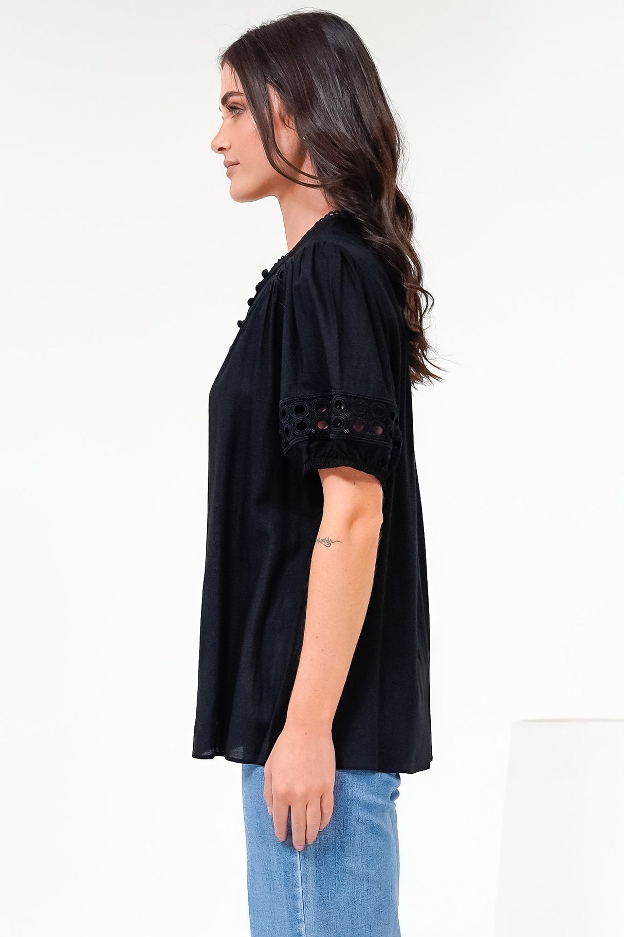 Alenna Shirt - Mandarin Collar Cut Out Detailed Short Sleeve Button Down in Black