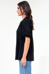 Alenna Shirt - Mandarin Collar Cut Out Detailed Short Sleeve Button Down in Black