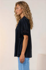 Alenna Shirt - Mandarin Collar Cut Out Detailed Short Sleeve Button Down in Black