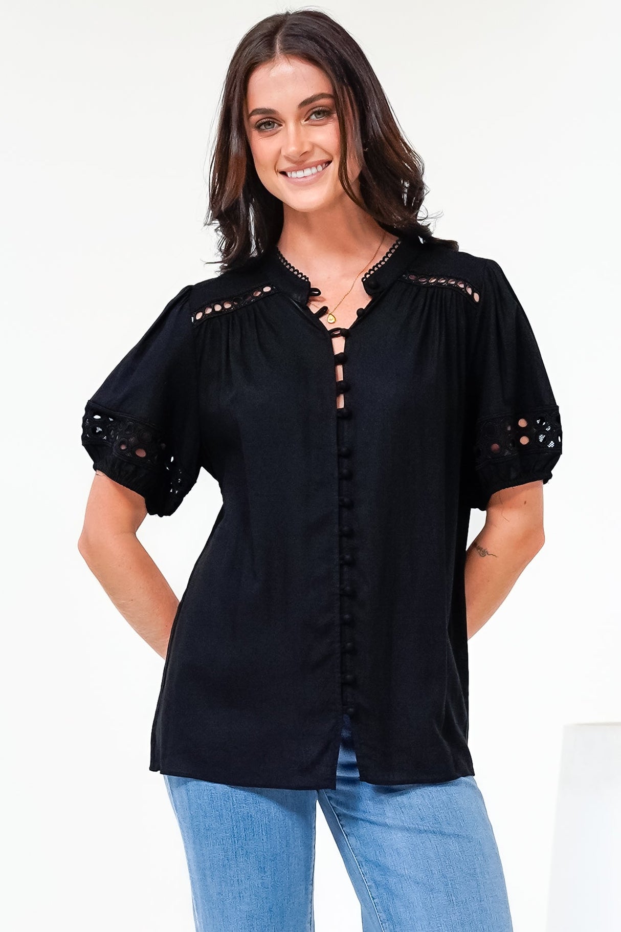 Alenna Shirt - Mandarin Collar Cut Out Detailed Short Sleeve Button Down in Black