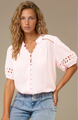 Alenna Shirt - Mandarin Collar Cut Out Detailed Short Sleeve Button Down in Pink