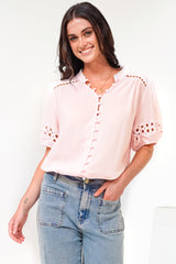 Alenna Shirt - Mandarin Collar Cut Out Detailed Short Sleeve Button Down in Pink