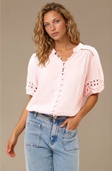 Alenna Shirt - Mandarin Collar Cut Out Detailed Short Sleeve Button Down in Pink