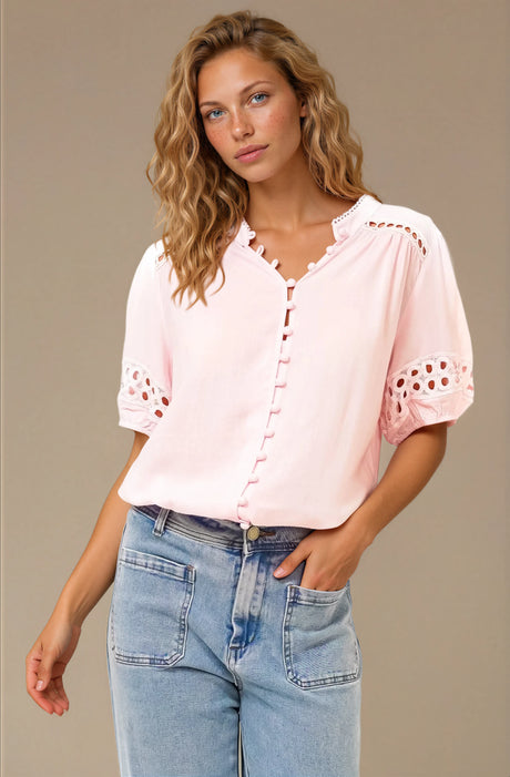Alenna Shirt - Mandarin Collar Cut Out Detailed Short Sleeve Button Down in Pink