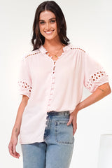 Alenna Shirt - Mandarin Collar Cut Out Detailed Short Sleeve Button Down in Pink