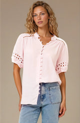 Alenna Shirt - Mandarin Collar Cut Out Detailed Short Sleeve Button Down in Pink