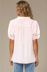Alenna Shirt - Mandarin Collar Cut Out Detailed Short Sleeve Button Down in Pink
