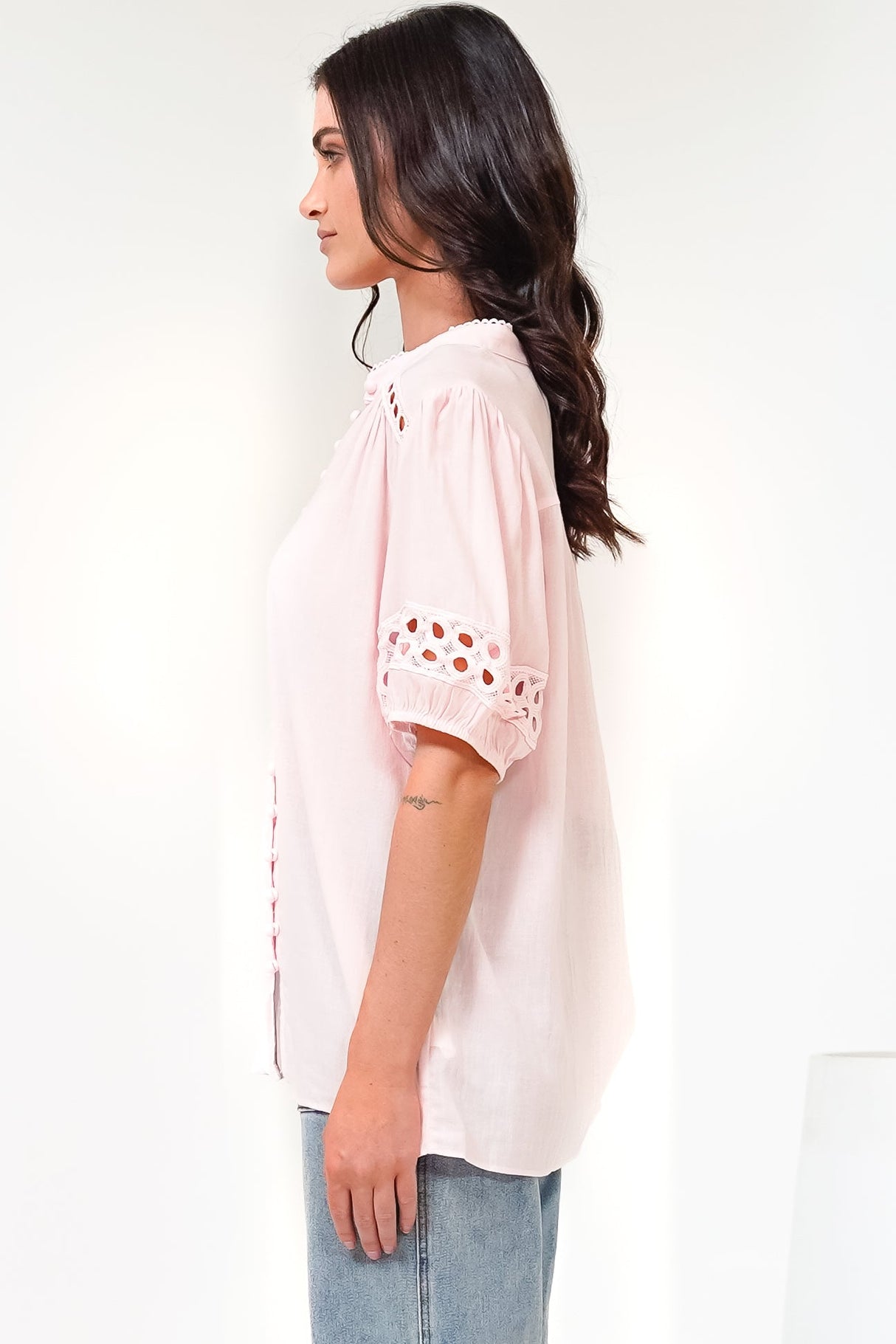 Alenna Shirt - Mandarin Collar Cut Out Detailed Short Sleeve Button Down in Pink