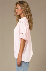 Alenna Shirt - Mandarin Collar Cut Out Detailed Short Sleeve Button Down in Pink