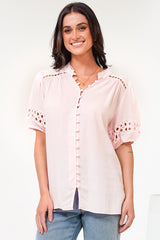 Alenna Shirt - Mandarin Collar Cut Out Detailed Short Sleeve Button Down in Pink