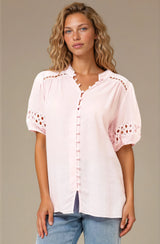 Alenna Shirt - Mandarin Collar Cut Out Detailed Short Sleeve Button Down in Pink
