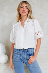 Alenna Shirt - Mandarin Collar Cut Out Detailed Short Sleeve Button Down in White