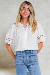 Alenna Shirt - Mandarin Collar Cut Out Detailed Short Sleeve Button Down in White