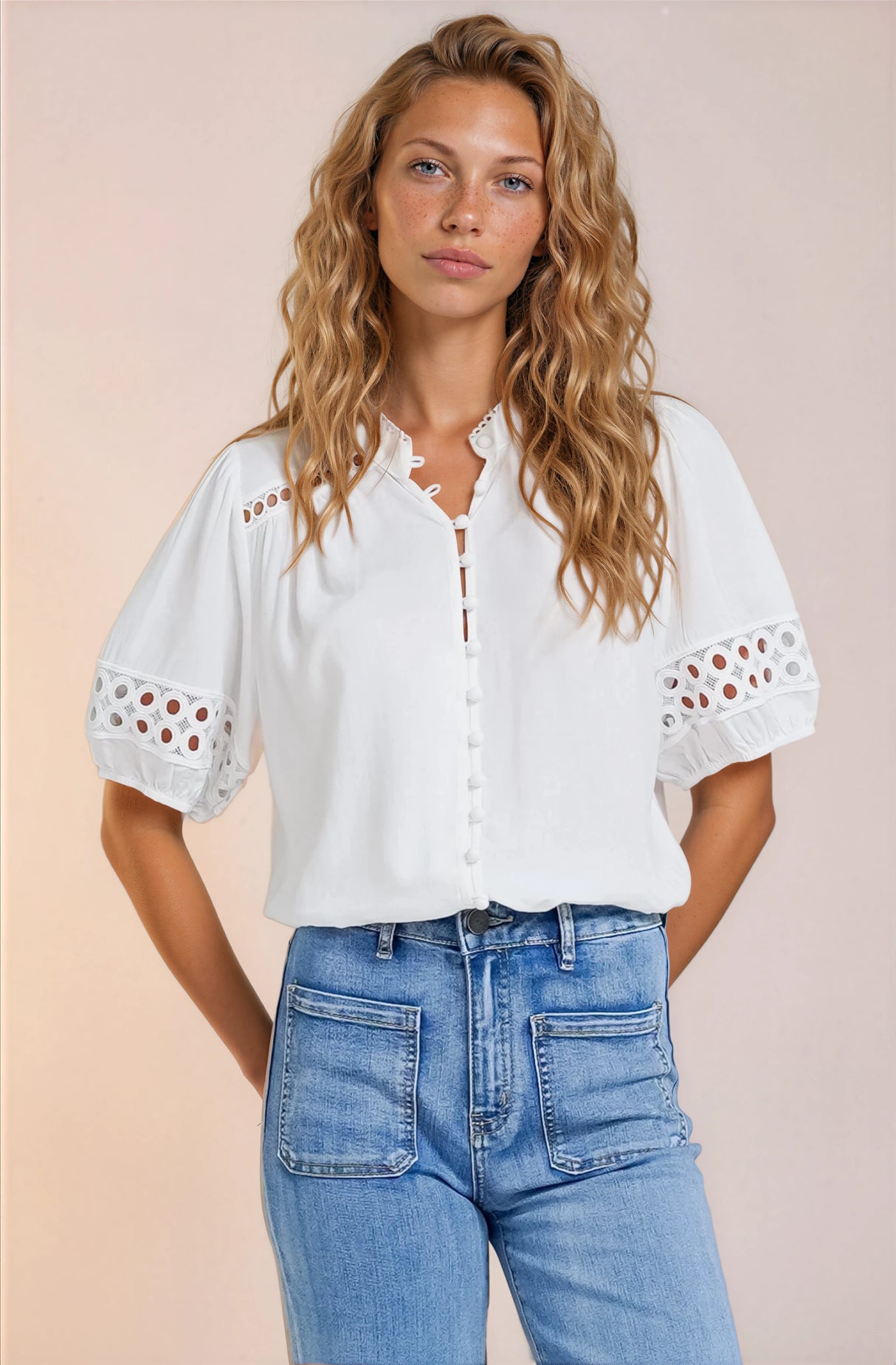 Alenna Shirt - Mandarin Collar Cut Out Detailed Short Sleeve Button Down in White