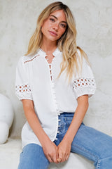 Alenna Shirt - Mandarin Collar Cut Out Detailed Short Sleeve Button Down in White