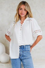 Alenna Shirt - Mandarin Collar Cut Out Detailed Short Sleeve Button Down in White