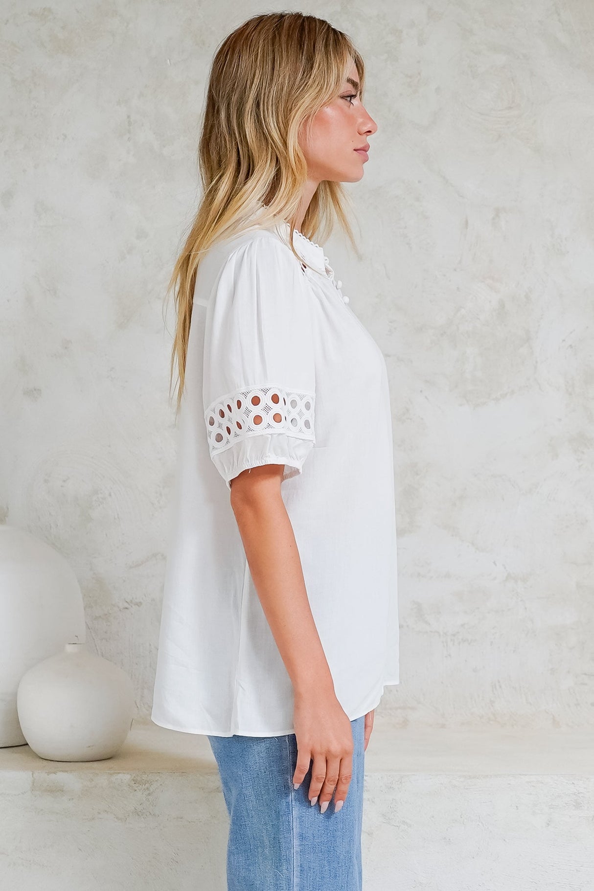 Alenna Shirt - Mandarin Collar Cut Out Detailed Short Sleeve Button Down in White